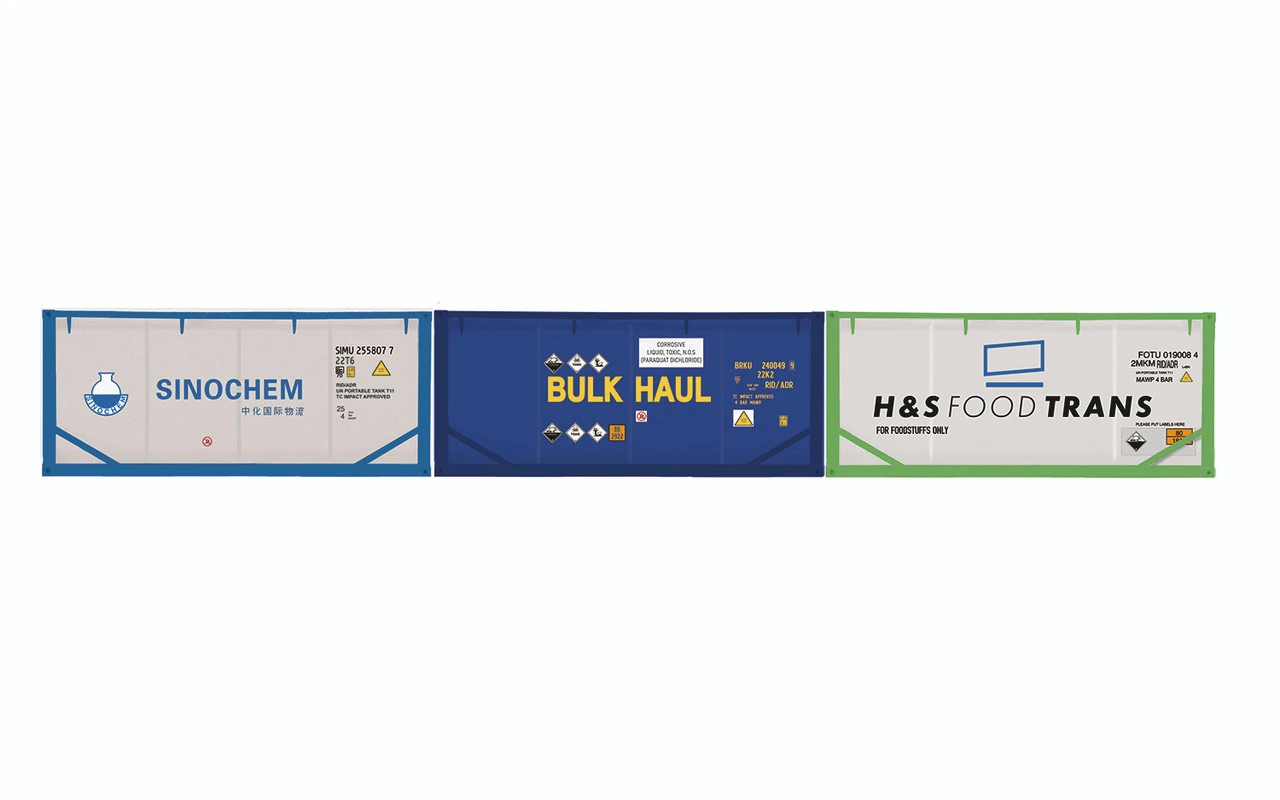 Hornby OO Gauge Sinochem, Bulk Haul & H&S Foodtrans, Container Pack, 3 X 20' Tanktainers - R60129 1 Hornby OO Gauge Sinochem, Bulk Haul & H&S Foodtrans, Container Pack, 3 X 20' Tanktainers - R60129