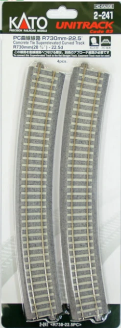 Kato HO Gauge Unitrack Concrete Tie Superelevated Curved Track 22.5 Degree 4pcs 2-241